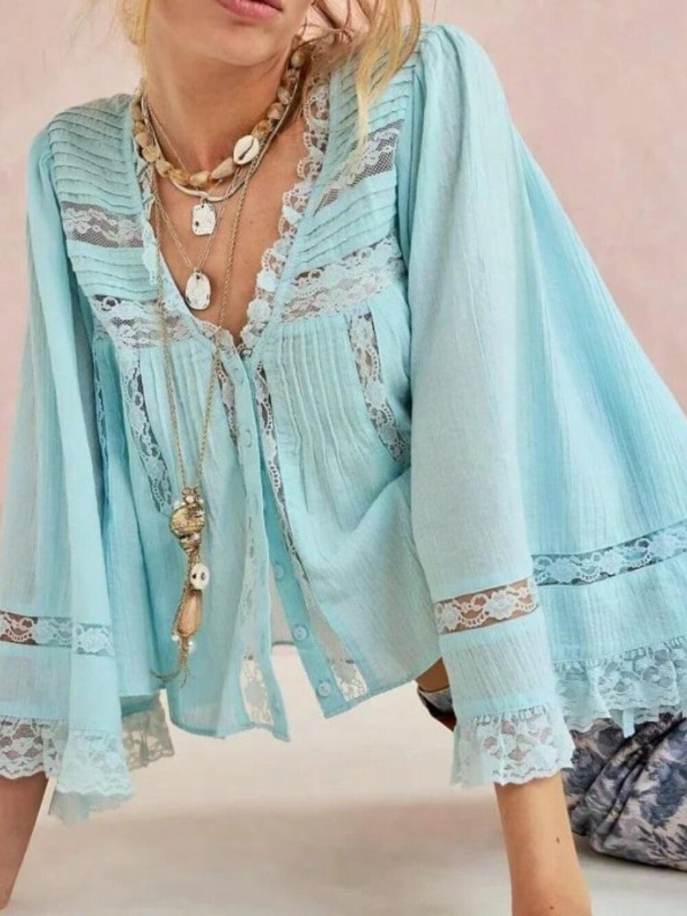 Baby Blue Bohemian Women's V-Neck Long Sleeve Lace-Detail Flared Top
